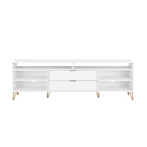 Meuble télé moderne du milieu du siècle DUMBO Manhattan Comfort 85 po l. avec 6 tablettes et 2 tiroirs en blanc