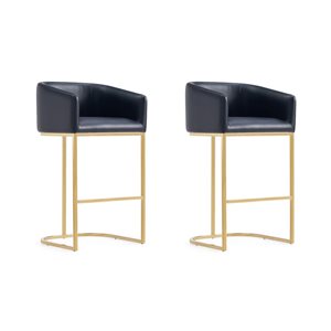 Manhattan Comfort Louvre 2-Pack Black and Gold Mid-Century Faux Leather Upholstered Bar Stool
