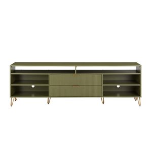 Meuble télé moderne du milieu du siècle DUMBO Manhattan Comfort 85 po l. avec 6 tablettes et 2 tiroirs en vert olive
