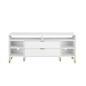 Meuble télé moderne du milieu du siècle DUMBO Manhattan Comfort 63 po l. avec 6 tablettes et 2 tiroirs en blanc
