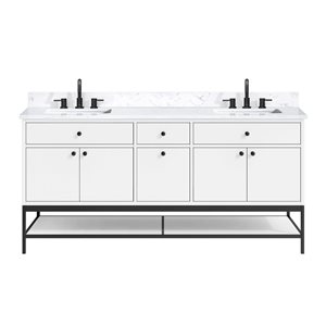 Meuble-lavabo double sous plan Paisley d'Avanity 72 po, blanc, avec plateau en pierre reconstituée Cala blanche