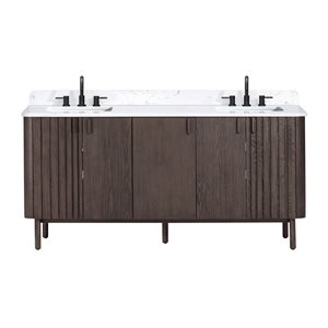 Meuble-lavabo double sous plan Blakely d'Avanity 73 po, chêne brun, avec plateau en pierre reconstituée Cala blanche