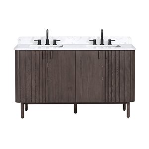 Meuble-lavabo double sous plan Blakely d'Avanity 61 po, chêne brun, avec plateau en pierre reconstituée Cala blanche