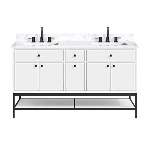 Meuble-lavabo double sous plan Paisley d'Avanity 60 po, blanc, avec plateau en pierre reconstituée Cala blanche