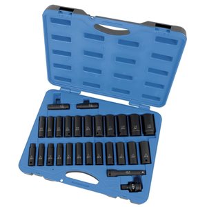 Jeu de 27 douilles longues à chocs SAE et métrique JET à entraînement 1/2 po, 6 pans