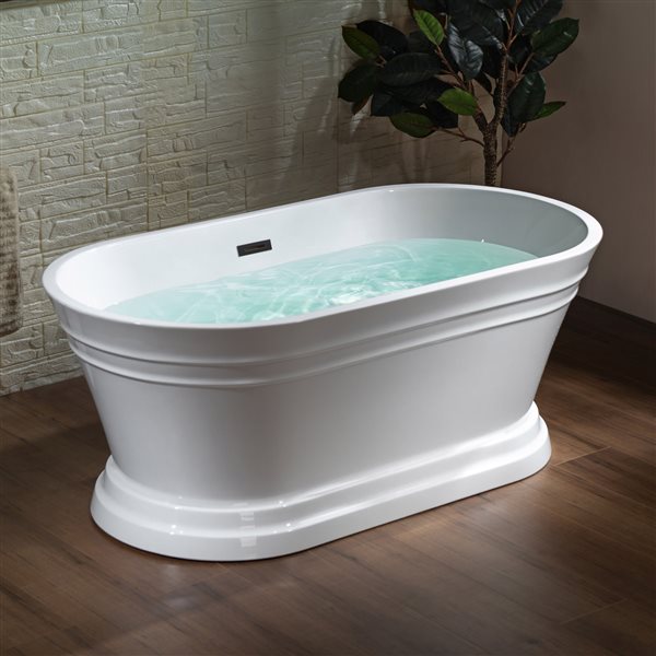 Woodbridge 59-in Glossy White Freestanding Flat-Edge Acrylic Soaking Bathtub with Matte Black Drain & Overflow