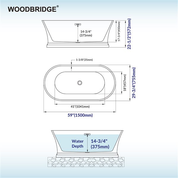 Woodbridge 59-in Glossy White Freestanding Flat-Edge Acrylic Soaking Bathtub with Matte Black Drain & Overflow