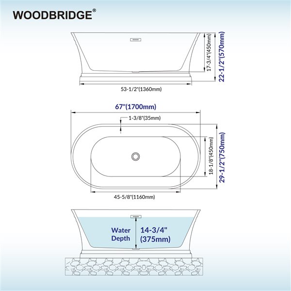 Woodbridge 67-in Glossy White Freestanding Flat-Edge Acrylic Soaking Bathtub with Matte Black Drain & Overflow