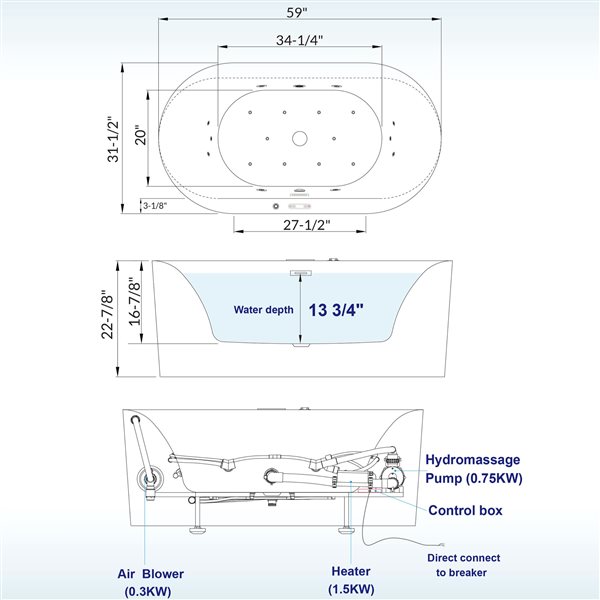 Woodbridge 59 x 31-1/2-in Whirlpool & Air Bubble Bathtub with LED Control Panel, Heater, Drain Assembly