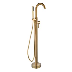 Woodbridge Single Handle Floor Mount Freestanding Brushed Gold Tub Filler Faucet with Hand Shower