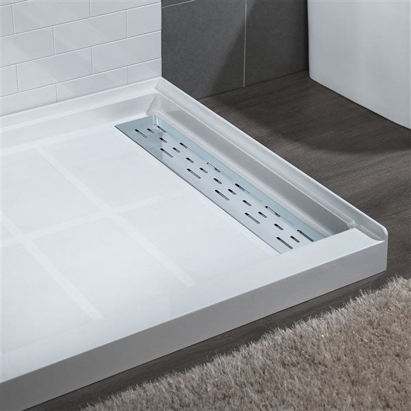 Woodbridge 48 x 36 x 4-in Solid Surface Shower Base with Right Chrome Drain