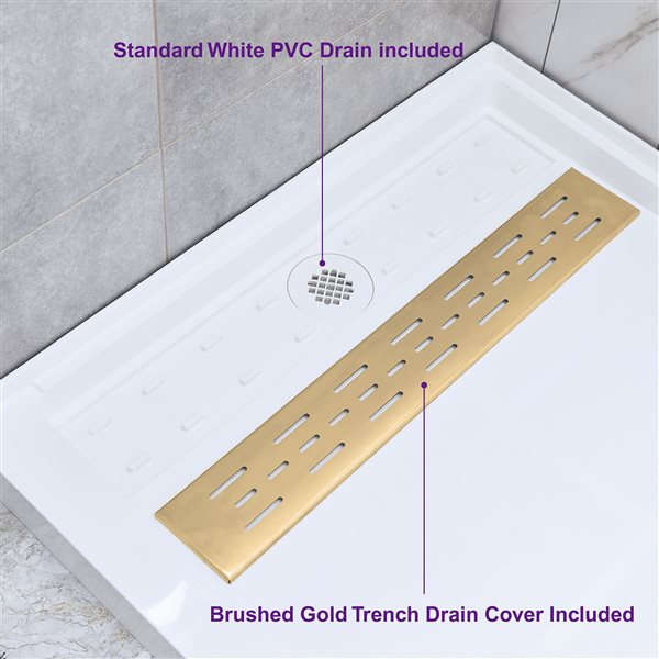 Woodbridge 60 x 32 x 4-in Solid Surface Shower Base with Left Brushed Gold Drain