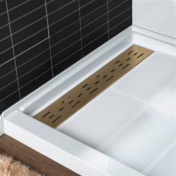 Woodbridge 60 x 32 x 4-in Solid Surface Shower Base with Left Brushed Gold Drain