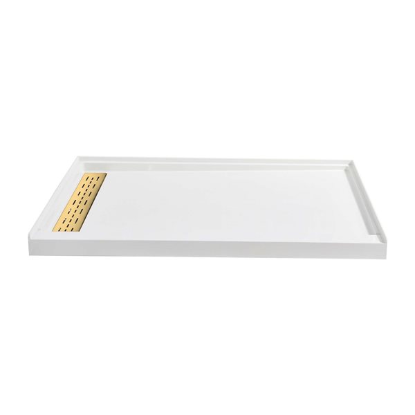 Woodbridge 60 x 32 x 4-in Solid Surface Shower Base with Left Brushed Gold Drain