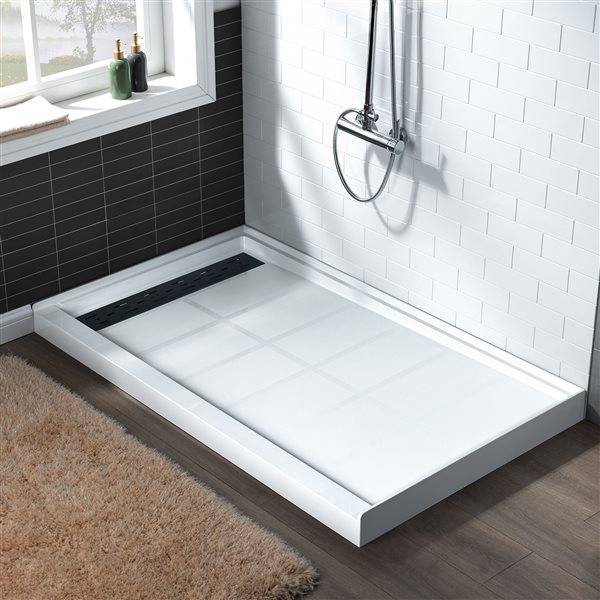 Woodbridge 48 x 36 x 4-in Solid Surface Shower Base with Left Matte Black Drain