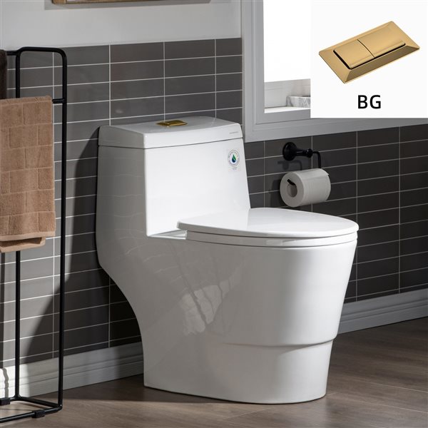 Woodbridge Dual-Flush One Piece White Toilet with Soft Closing Seat, Brushed Gold Button