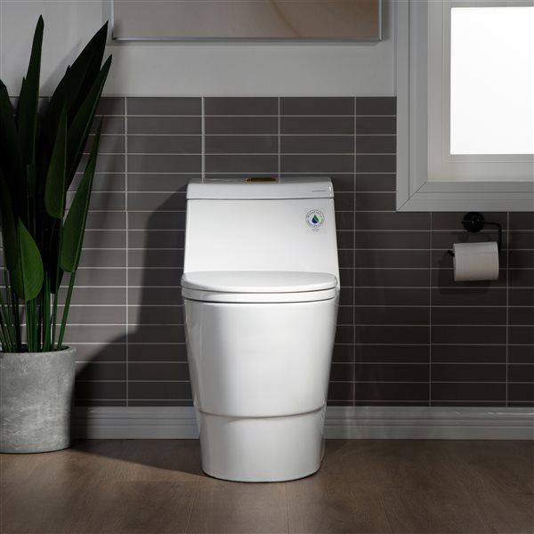 Woodbridge Dual-Flush One Piece White Toilet with Soft Closing Seat, Brushed Gold Button