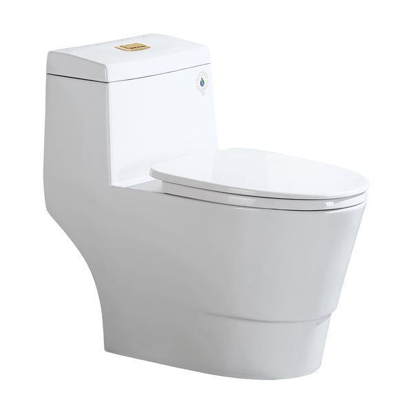 Woodbridge Dual-Flush One Piece White Toilet with Soft Closing Seat, Brushed Gold Button