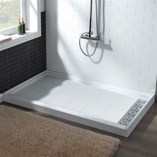 Woodbridge 60 x 30 x 4-in Solid Surface Shower Base with Right White Drain