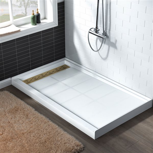 Woodbridge 48 x 32 x 4-in Solid Surface Shower Base with Left Brushed Gold Drain