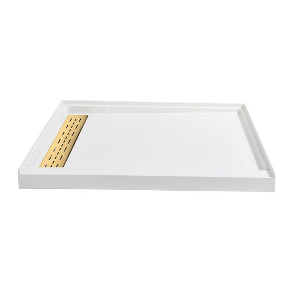 Woodbridge 48 x 32 x 4-in Solid Surface Shower Base with Left Brushed Gold Drain