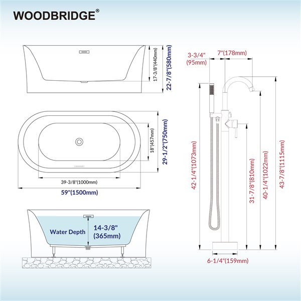 Woodbridge Freestanding 59-in White Acrylic Soaking Tub with Overflow & Drain in Brushed Gold, Tub Filler Included