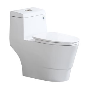 Toilette monobloc Woodbridge à double chasse d'eau blanche avec siège à fermeture douce, bouton de chasse en nickel brossé