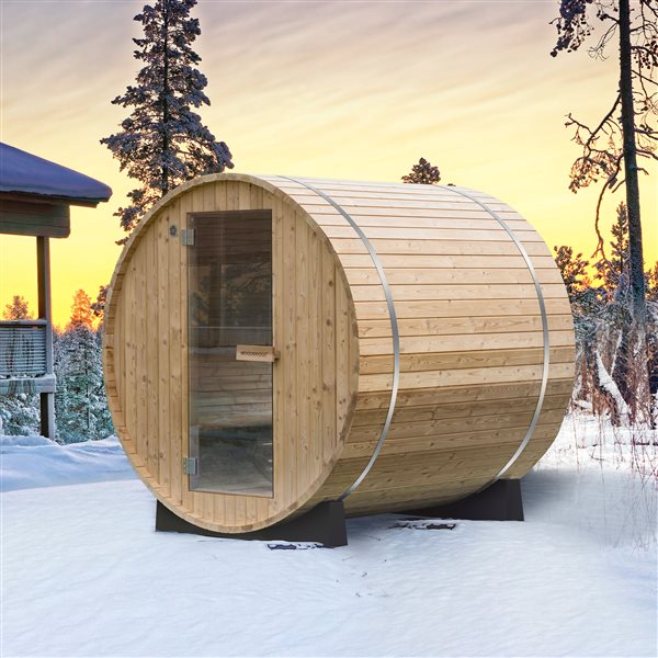 Woodbridge 4-Person Outdoor Barrel Sauna with Half View Window, Harvia Electric Heater