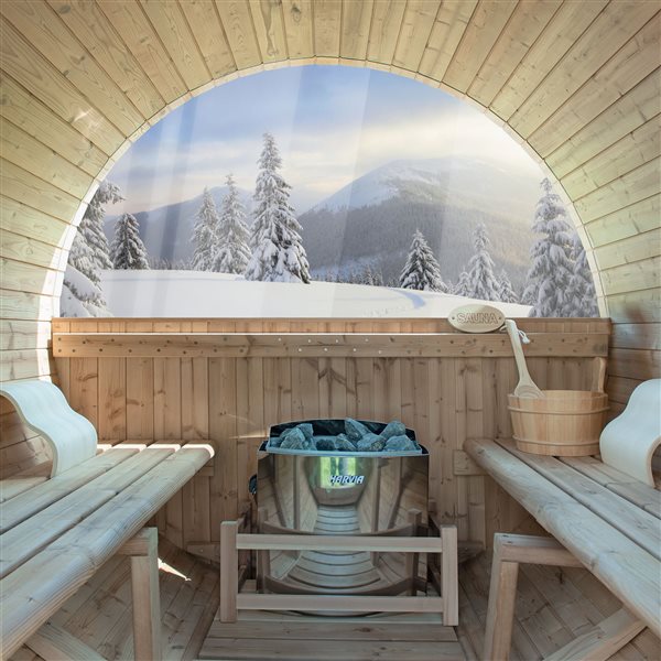Woodbridge 4-Person Outdoor Barrel Sauna with Half View Window, Harvia Electric Heater