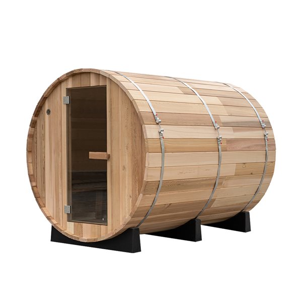 Woodbridge 4-Person Outdoor Barrel Sauna with Half View Window, Harvia Electric Heater