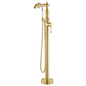 Woodbridge Polished Gold Single Handle Floor Mount Freestanding Tub Filler Faucet with Telephone Hand Shower