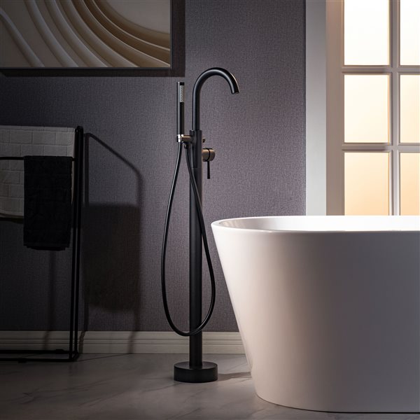 Woodbridge Single Handle Floor Mount Freestanding Matte Black Tub Filler Faucet with Hand Shower