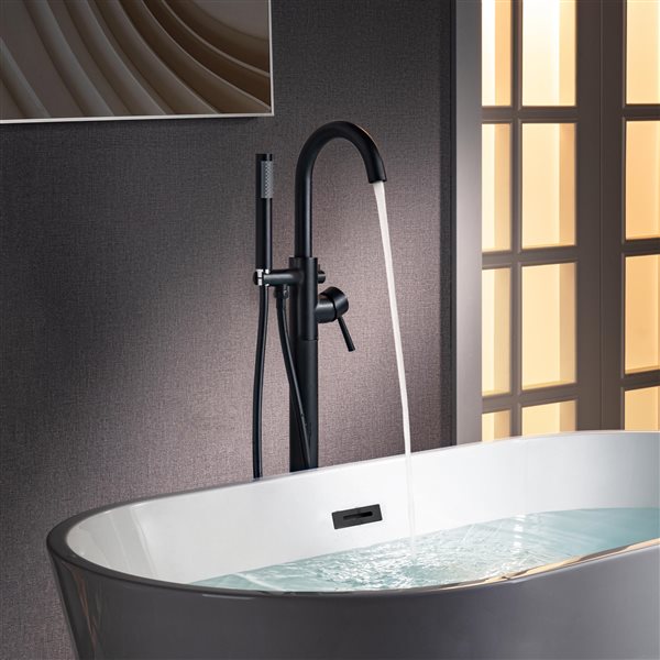 Woodbridge Single Handle Floor Mount Freestanding Matte Black Tub Filler Faucet with Hand Shower
