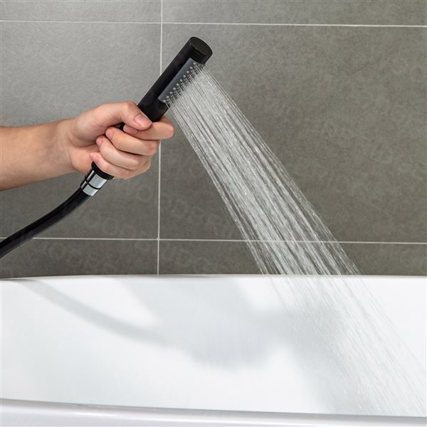 Woodbridge Single Handle Floor Mount Freestanding Matte Black Tub Filler Faucet with Hand Shower