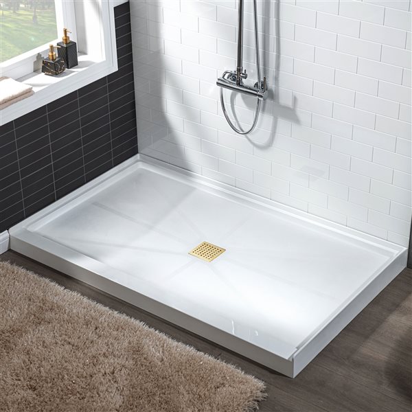 Woodbridge 60 x 34 x 4-in Solid Surface Shower Base with Center Brushed Gold Drain