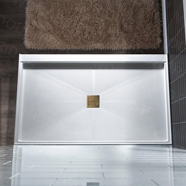 Woodbridge 60 x 34 x 4-in Solid Surface Shower Base with Center Brushed Gold Drain