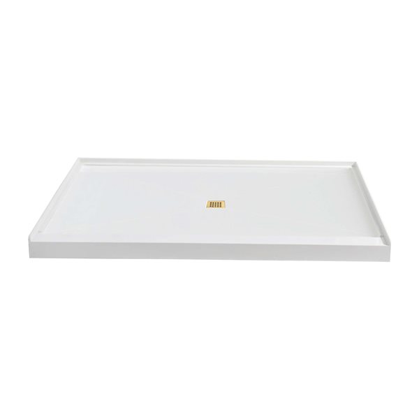 Woodbridge 60 x 34 x 4-in Solid Surface Shower Base with Center Brushed Gold Drain