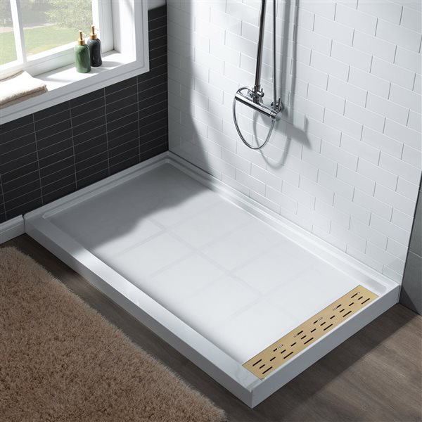 Woodbridge 60 x 34 x 4-in Solid Surface Shower Base with Right Brushed Gold Drain