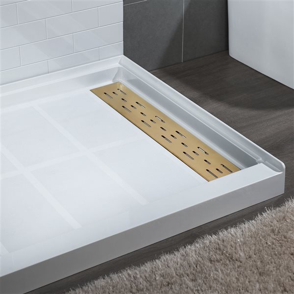 Woodbridge 60 x 34 x 4-in Solid Surface Shower Base with Right Brushed Gold Drain