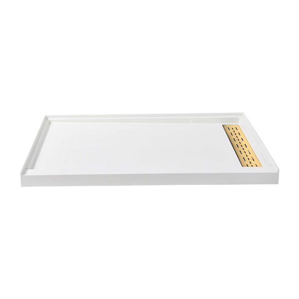 Woodbridge 60 x 34 x 4-in Solid Surface Shower Base with Right Brushed Gold Drain