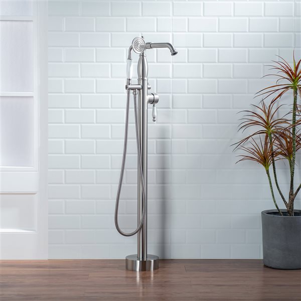 Woodbridge Brushed Nickel Single Handle Floor Mount Freestanding Tub Filler Faucet with Telephone Hand Shower