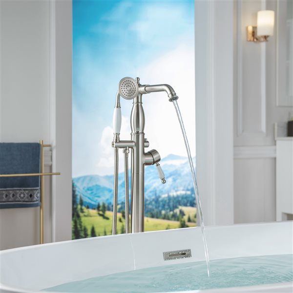 Woodbridge Brushed Nickel Single Handle Floor Mount Freestanding Tub Filler Faucet with Telephone Hand Shower