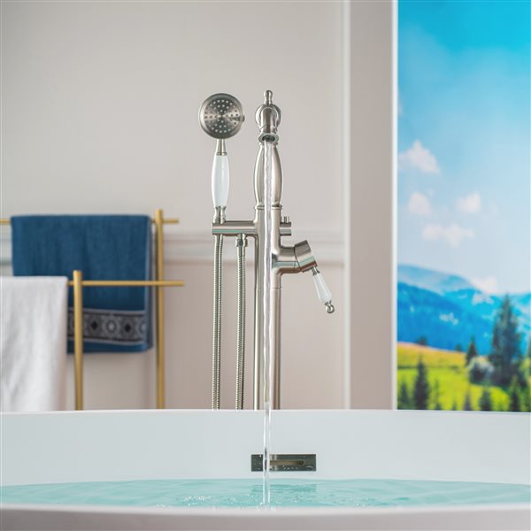 Woodbridge Brushed Nickel Single Handle Floor Mount Freestanding Tub Filler Faucet with Telephone Hand Shower