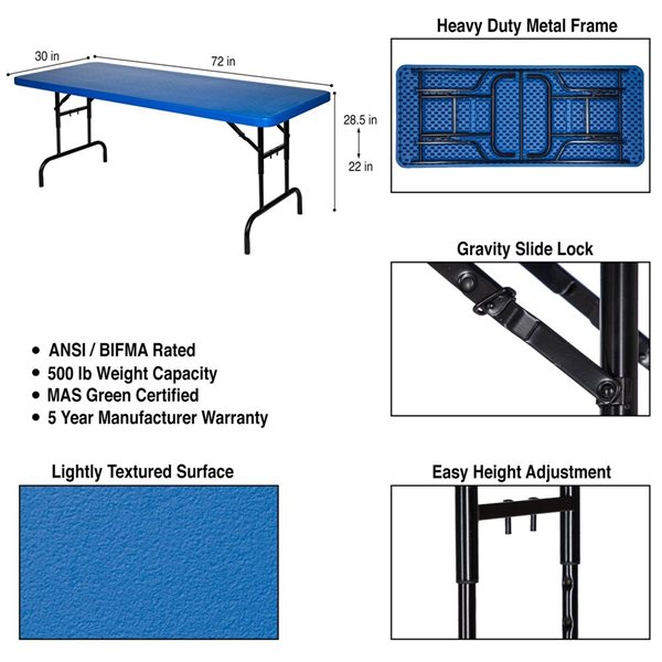 Hampden Furnishings Baldwin 30 W X 72-in L Rectangle Polypropylene Blue Adjustable Height Folding Table