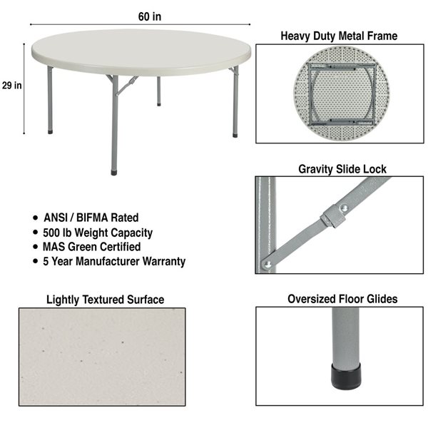 Hampden Furnishings Baldwin 60-in W Round Polypropylene Grey Folding Table