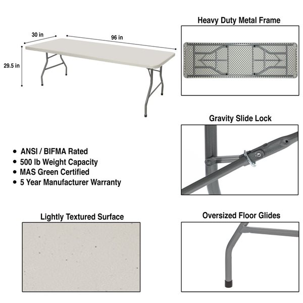 Hampden Furnishings Baldwin 30 W X 96-in L Rectangle Polypropylene Grey Folding Table