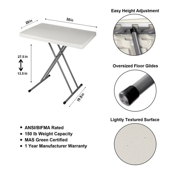 Hampden Furnishings Baldwin 30 W X 20-in L Rectangle Polypropylene Grey Adjustable Height Table