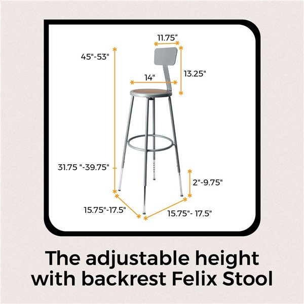 Hampden Furnishings Felix Grey Steel 32-39-in H Adjustable Height Bar Stool w/ Backrest