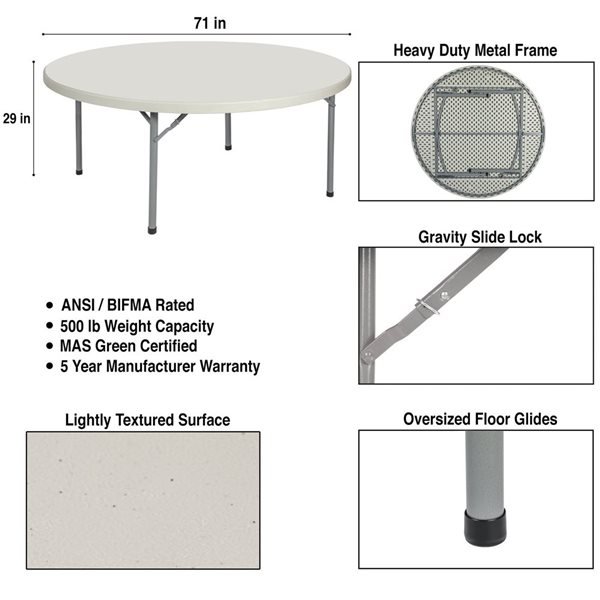 Hampden Furnishings Baldwin 71-in W Round Polypropylene Grey Folding Table