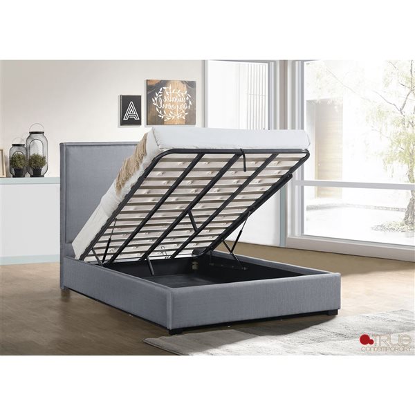 True Contemporary Byron Grey Linen Hydraulic Lift Up Storage Platform Bed